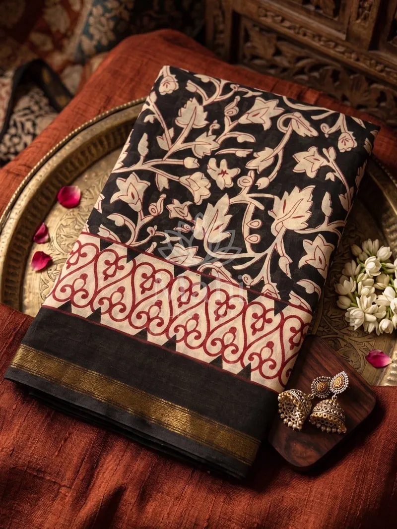 Black Cotton Saree, Hand Block Print — Cotton