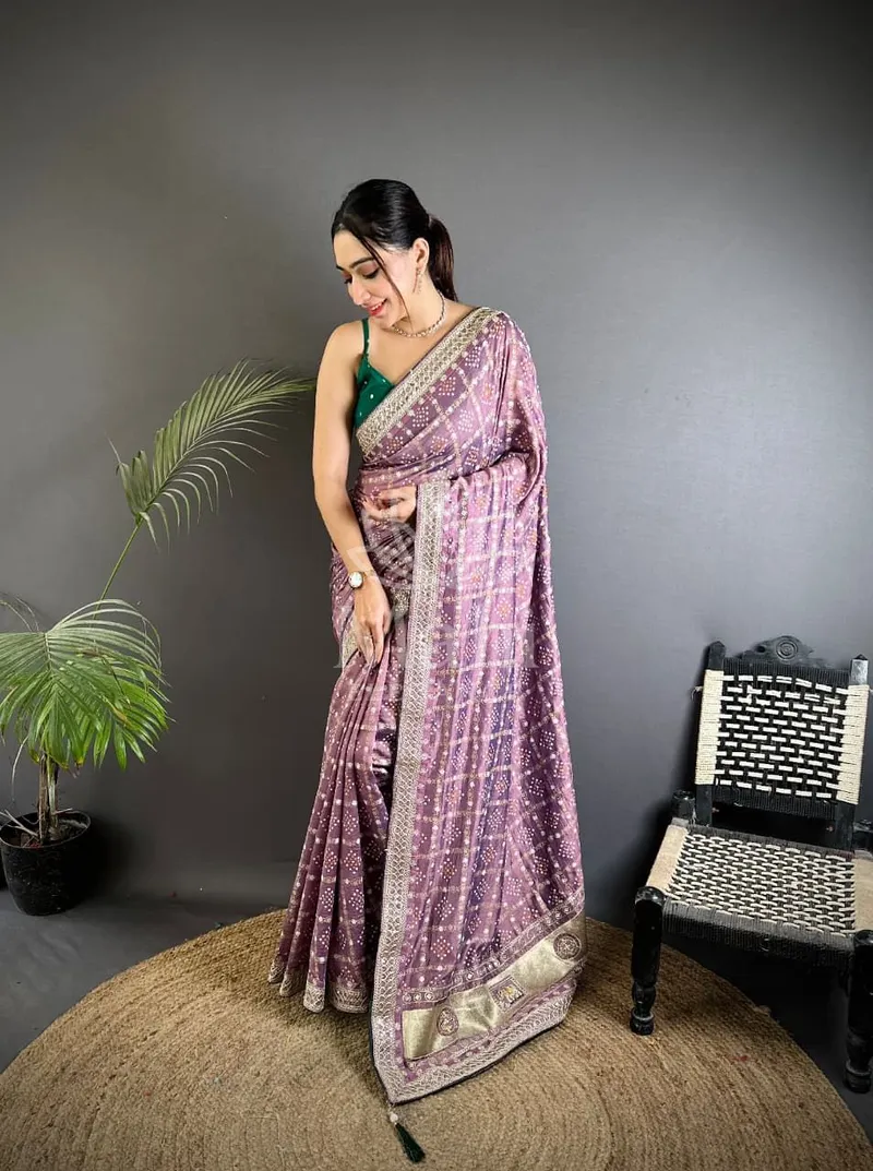 Mohini Lavender Vichitra Silk Saree, Bandhani & Sequin Work — Bandhani