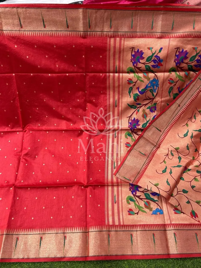 Red Khadi Raw Silk Saree, Meenakari Paithani Weave — Raw Silk