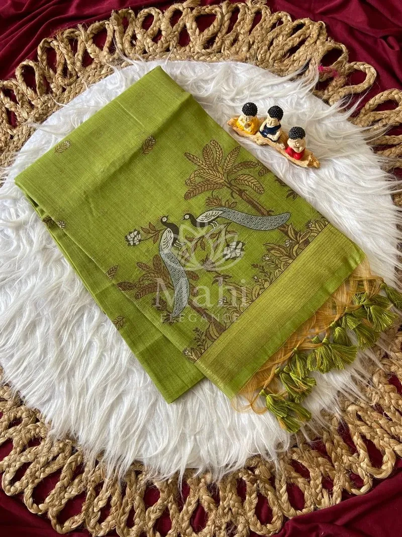 Green Muga Cotton Saree, Peacock Weave — Cotton