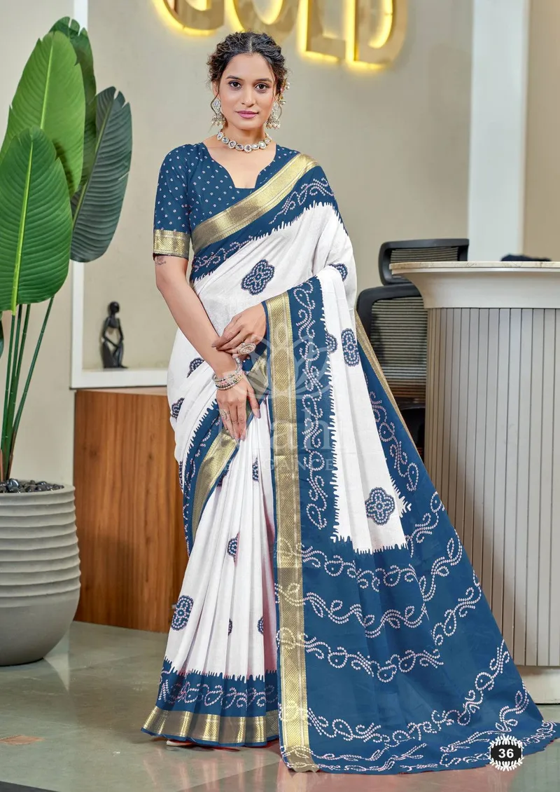 Sky Blue Mulmul Cotton Saree, Bandhani & Zari Weave — Bandhani