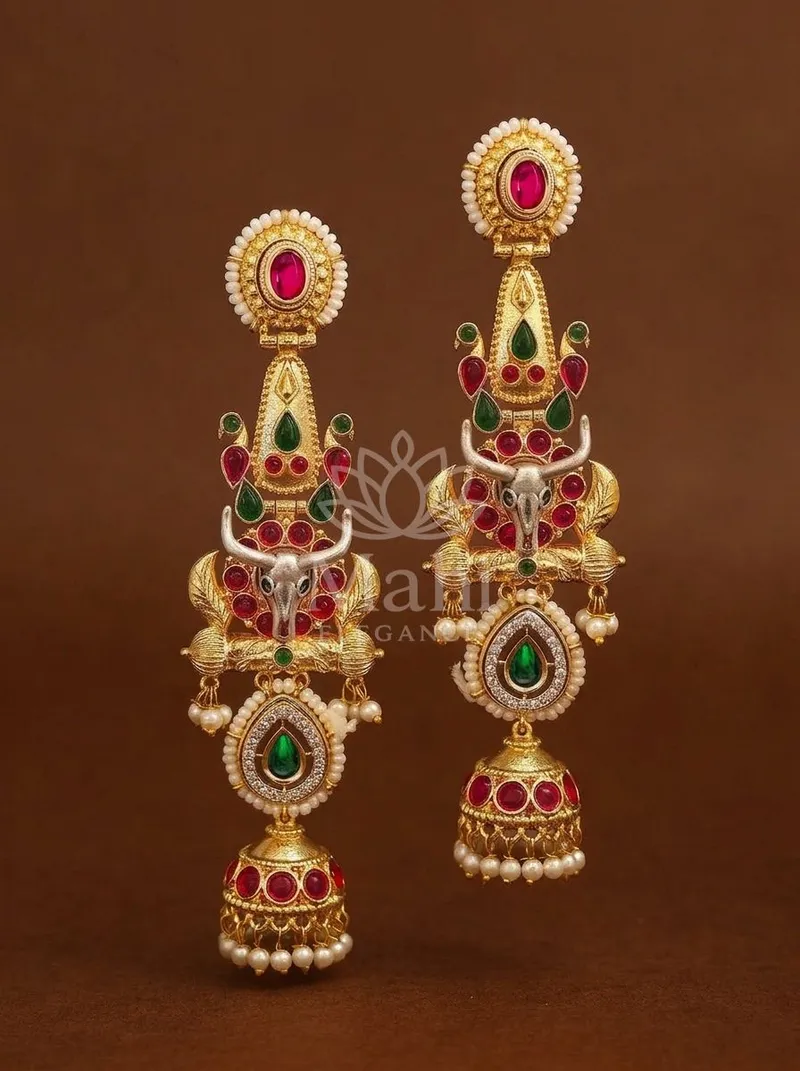Bull Motif Tiered Stone Jhumkas — Brass Earring