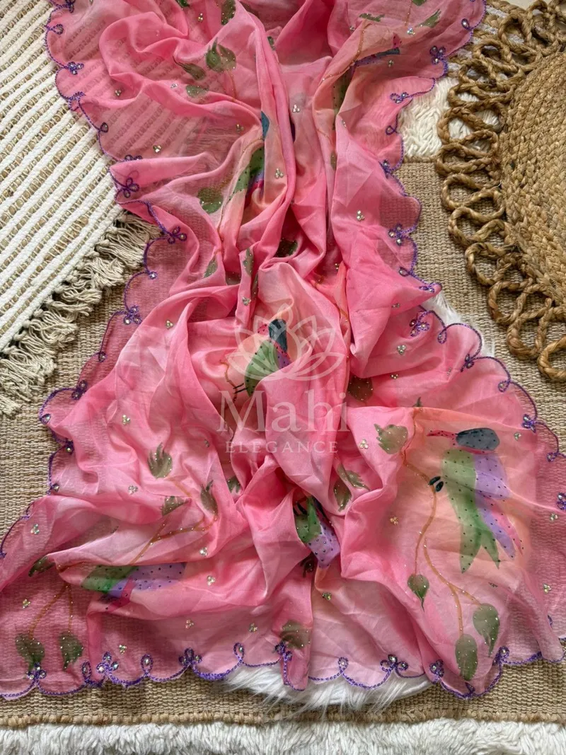 Pink Organza Saree, Brush Print with Khatli & Stone — Organza