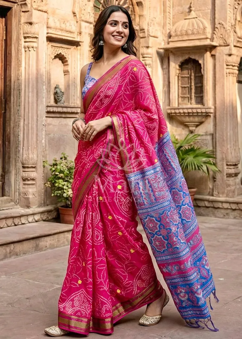Rani Pink Cotton Saree, Bandhni Print — Cotton