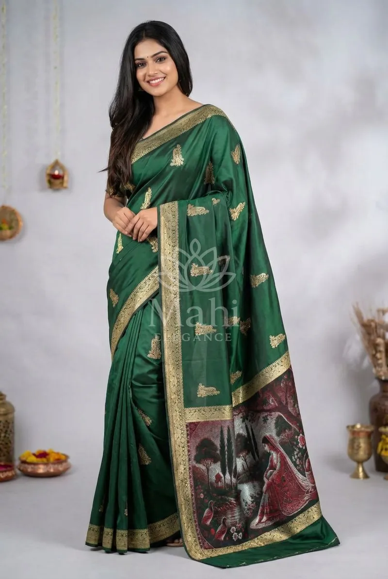 Dark Green Banarasi Silk Saree, Resham Weave with Panihari Pallu — Banarasi