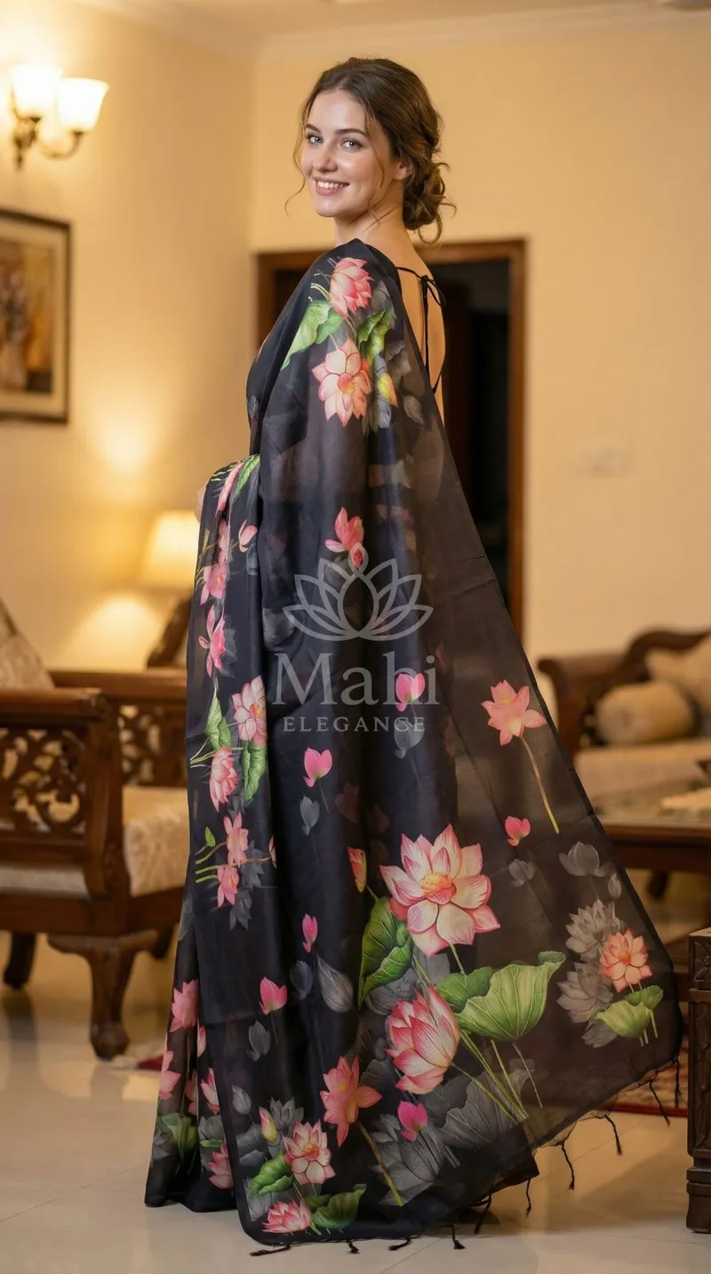 Black Tussar Silk Saree, Lotus Floral Print — Tussar