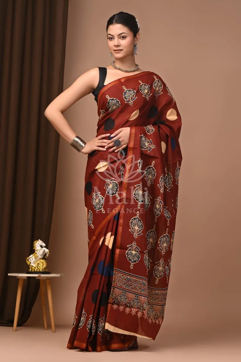 Multi Mulmul Cotton Saree, Hand Block Print & Chanderi Zari Border — Cotton