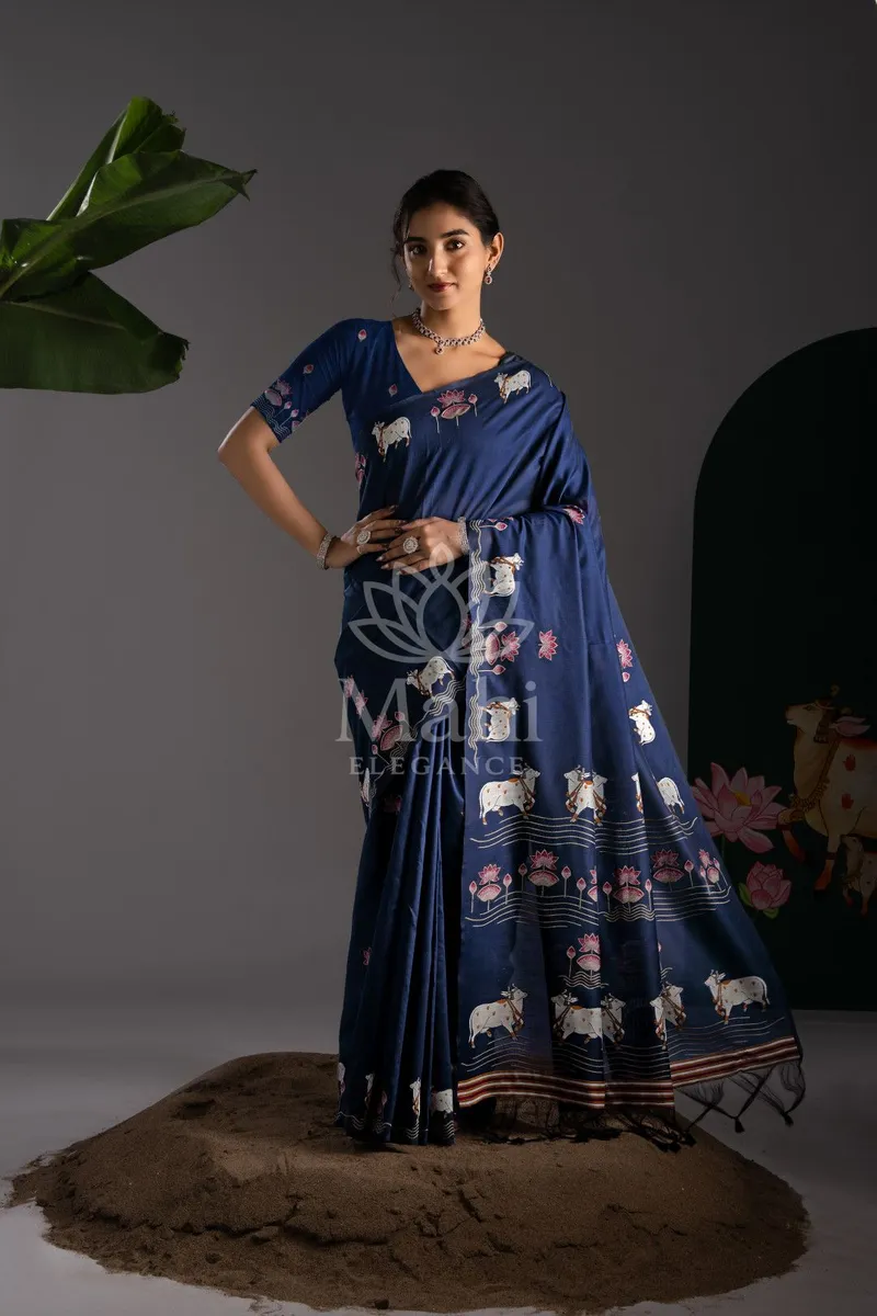 Blue Muga Cotton Saree, Pichwai Weave — Muga-Cotton