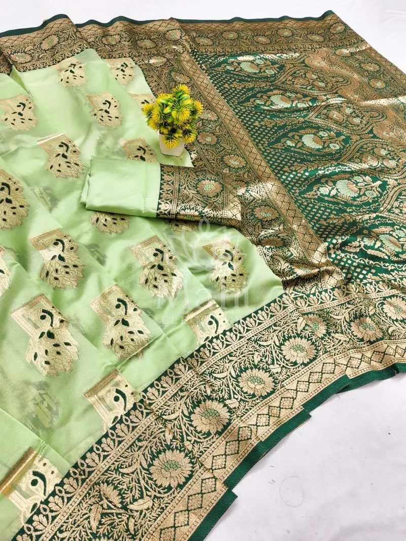 Pista Green Banarasi Silk Saree, Meenakari Weave — Banarasi
