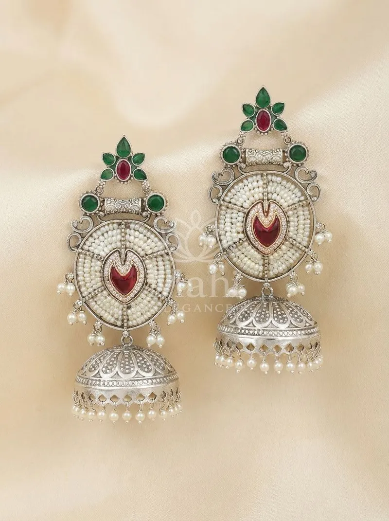 Pearl Disc Oxidised Jhumkas — Brass Earring
