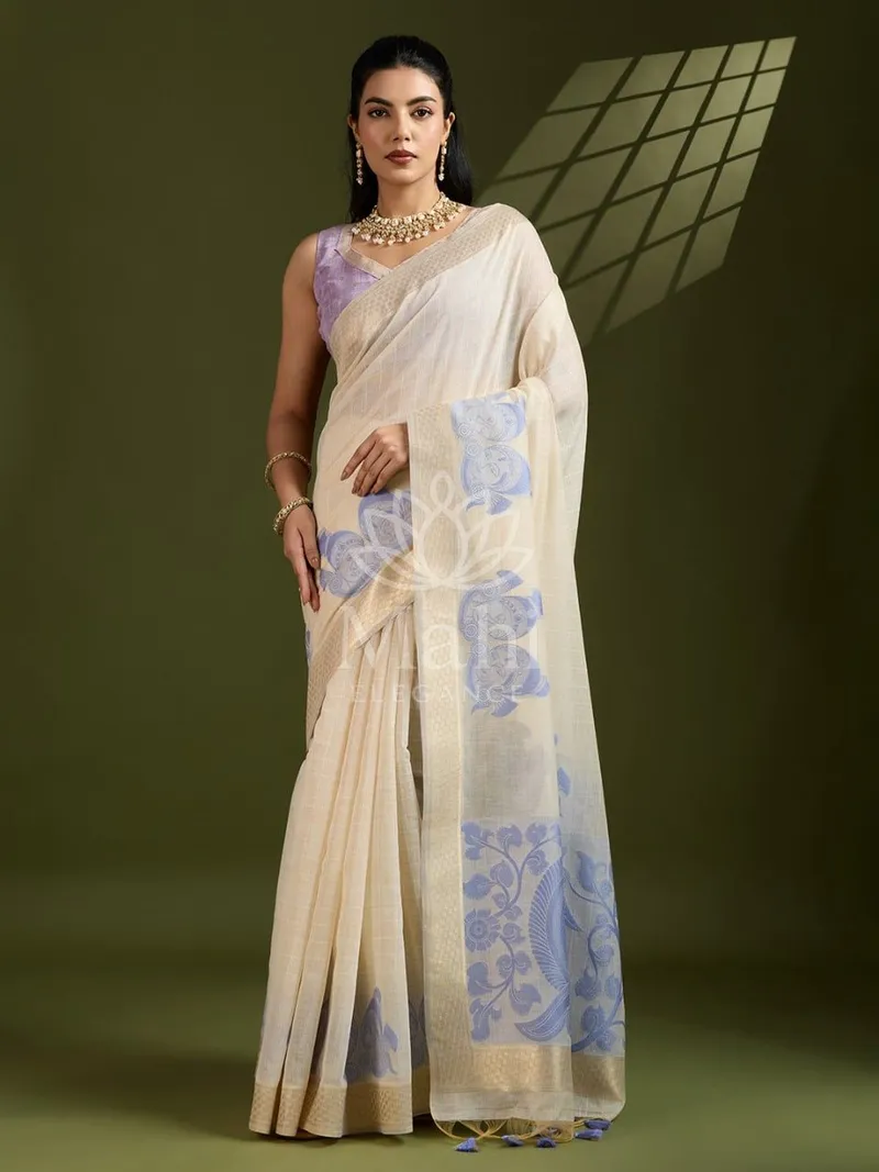 Cream and Blue Muga Cotton Saree, Kalamkari Peacock Weave — Muga-Cotton