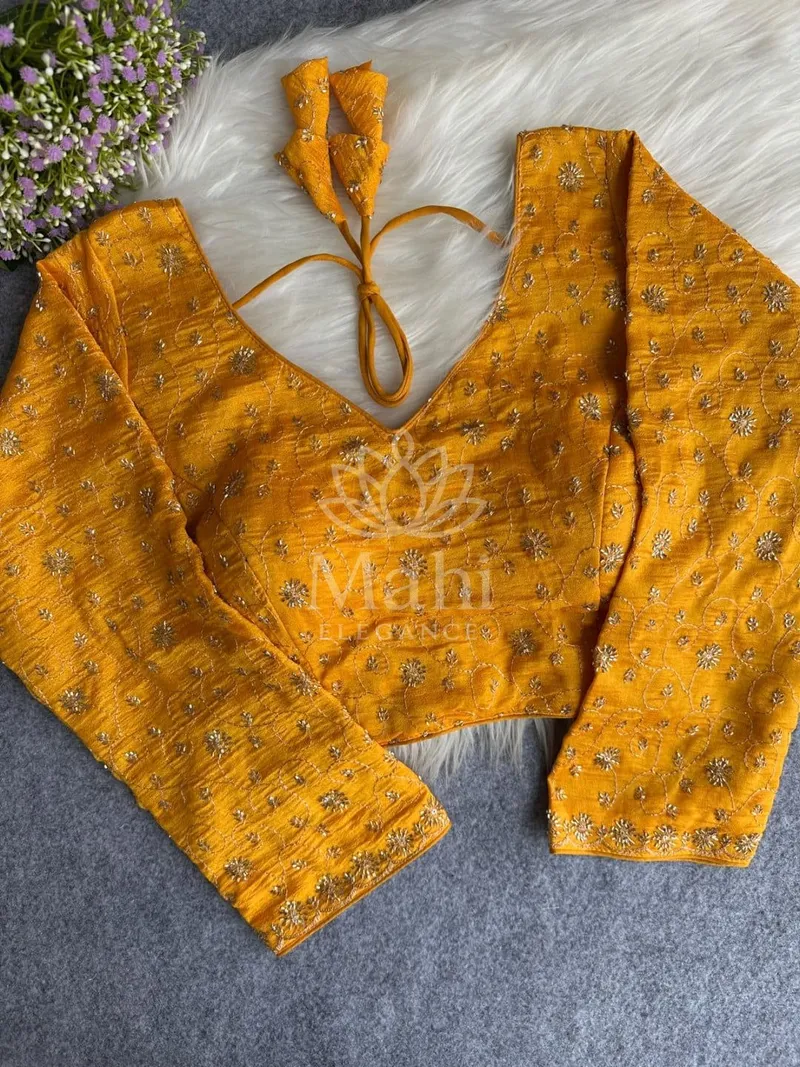 Yellow color soft vichitra silk blouse with embroidery work — Blouse