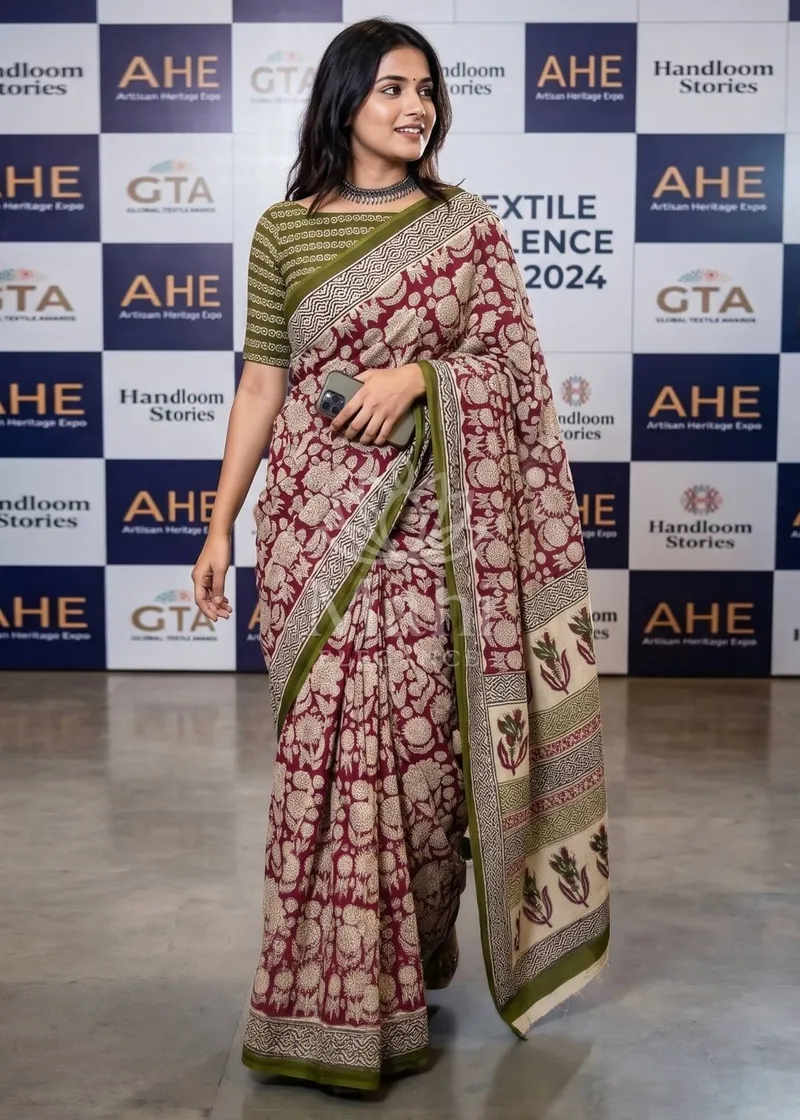 Maroon Mulmul Cotton Saree, Bagru & Ajrakh Block Print — Cotton