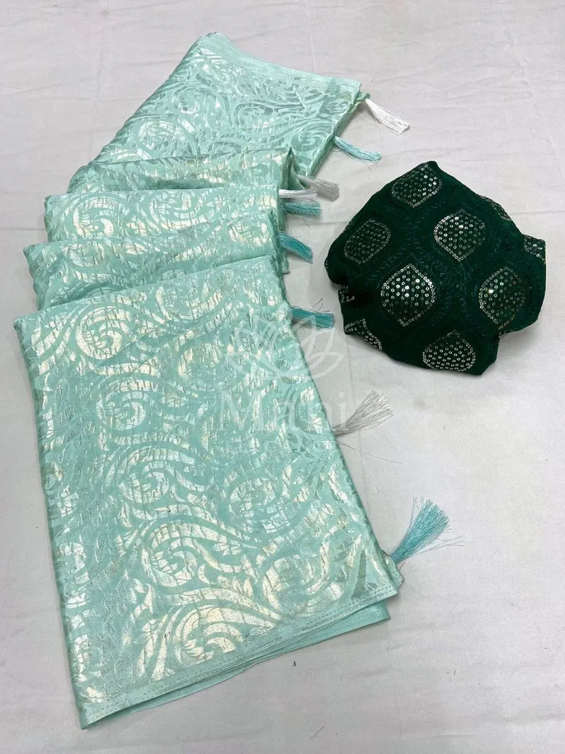 Sea Green Dola Silk Saree, Foil Print — Dola