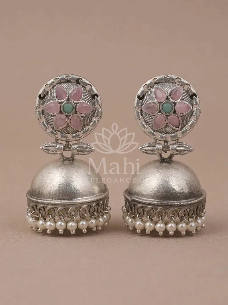Floral Stone Domed Jhumkas — Brass Earring