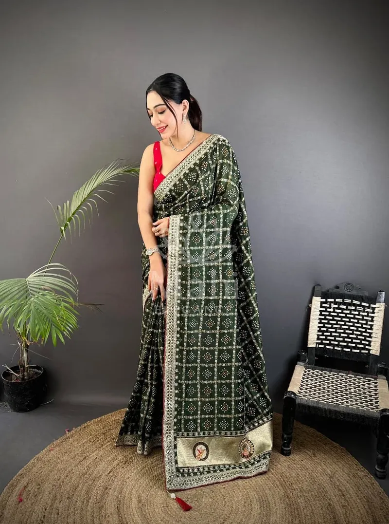 Mahi Mahendi Green Vichitra Silk Saree, Bandhani & Sequin Work — Bandhani