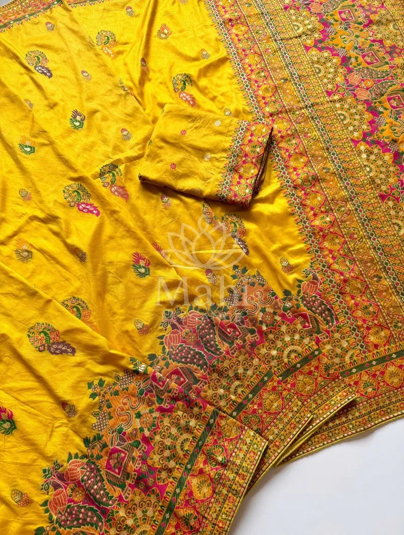 Yellow Dola Silk Saree, Pashmina Zari Weave — Dola
