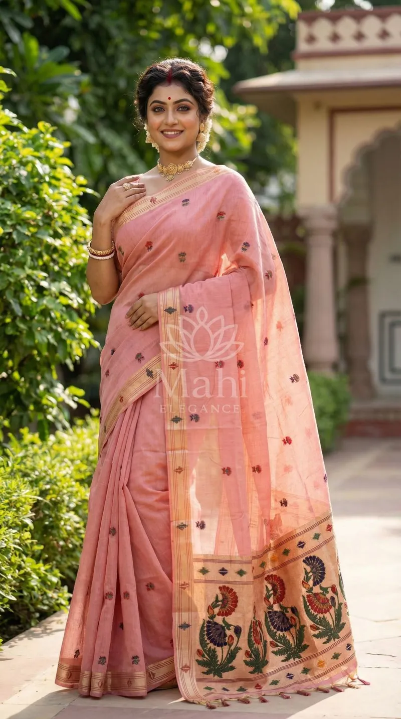 Pink Muga Cotton Paithani Saree, Resham & Zari Weave — Paithani