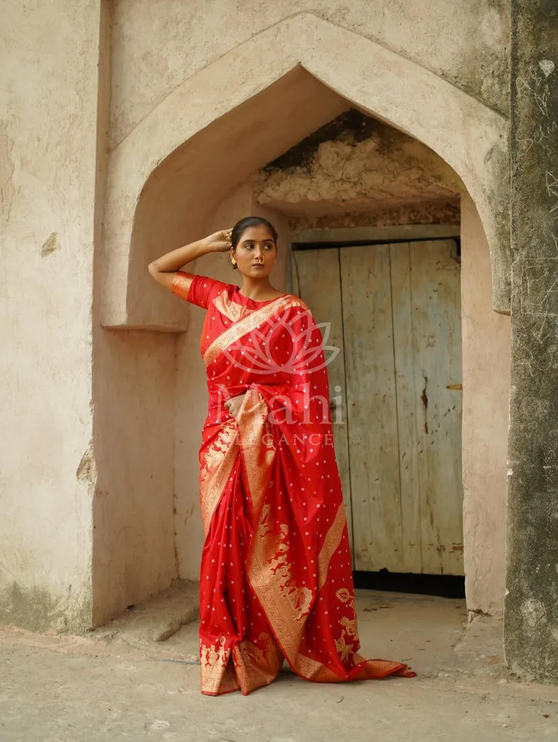 Red Banarasi Silk Saree, Bandhej Print — Banarasi