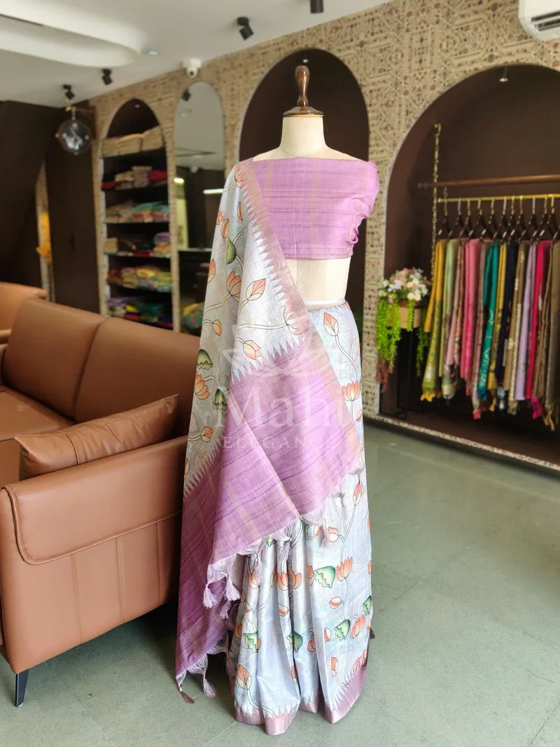Baby Pink Tussar Silk Saree, Digital Floral Print — Tussar