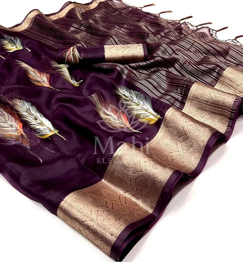Magenta Organza Silk Saree, Foil Print — Organza