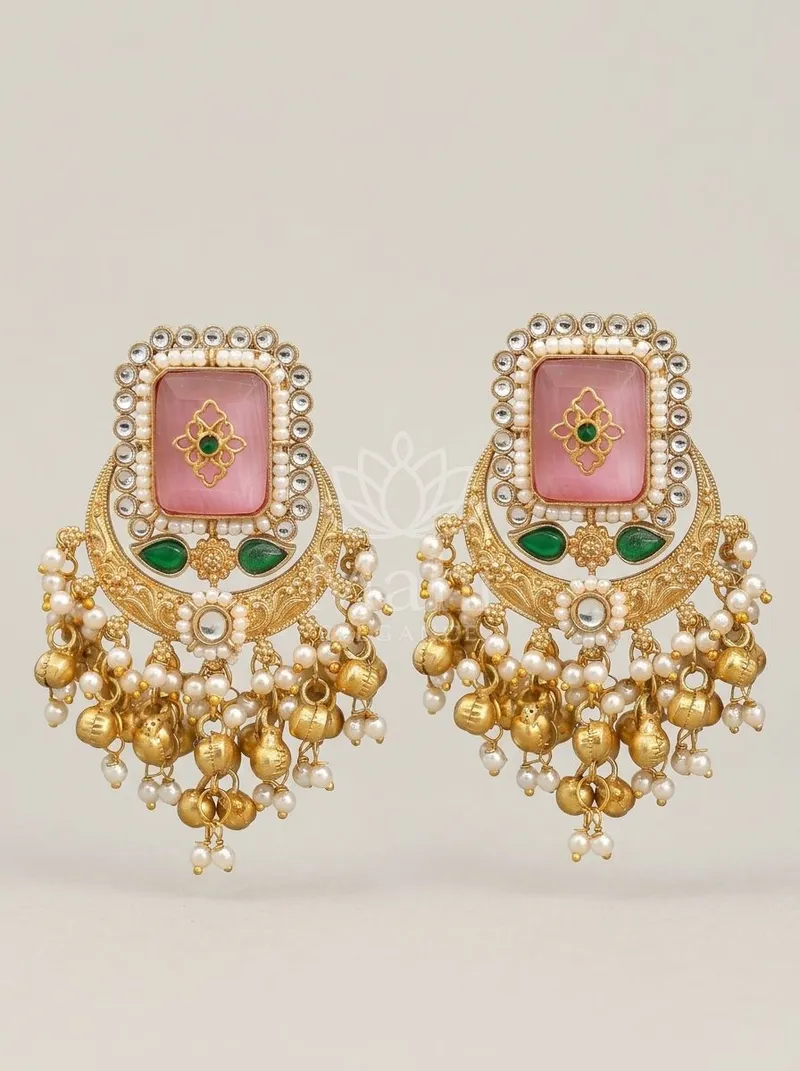 Stone Chandbali Studs With Pearl Drops — Brass Earring