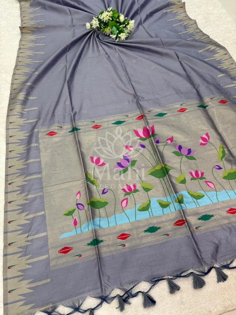 Lavender Raw Silk Saree, Meenakari Weave with Paithani Pallu — Raw Silk