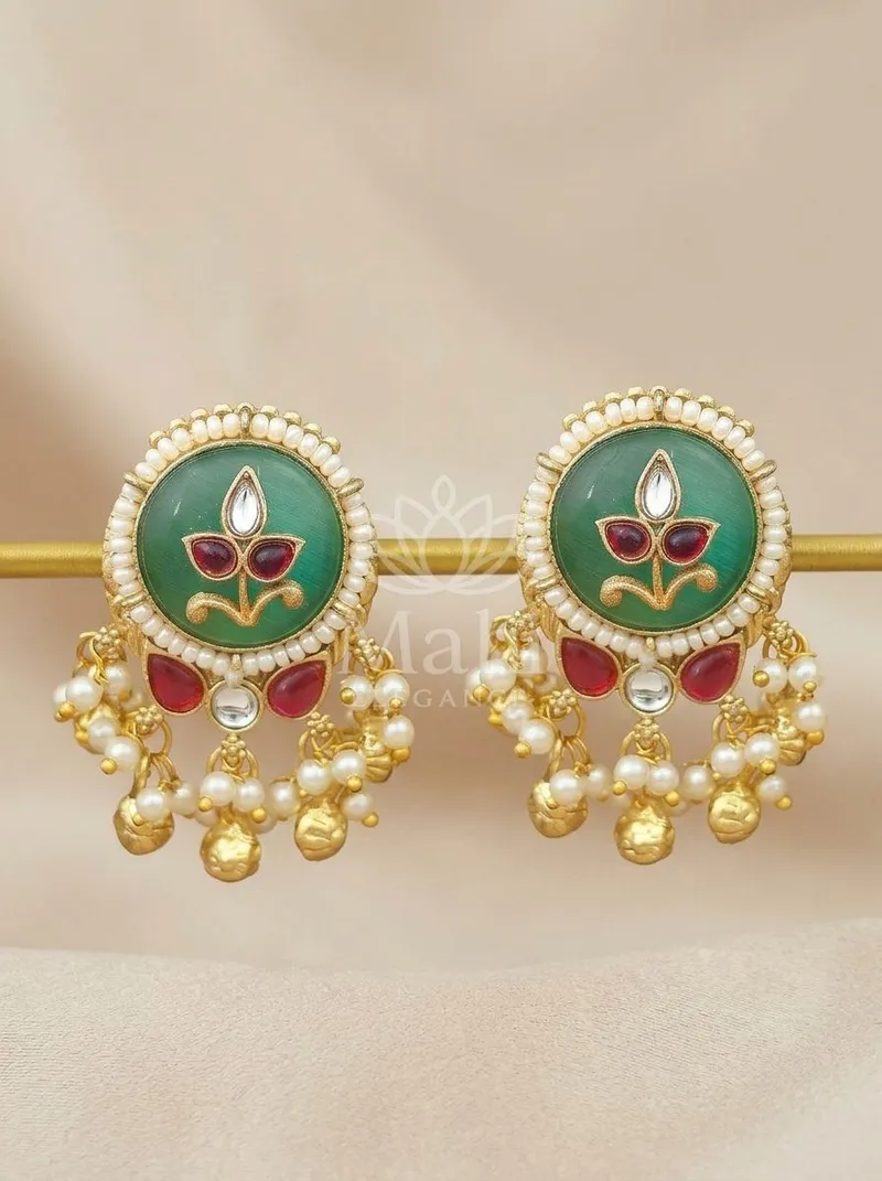 Floral Enamel Pearl Danglers — Brass Earring