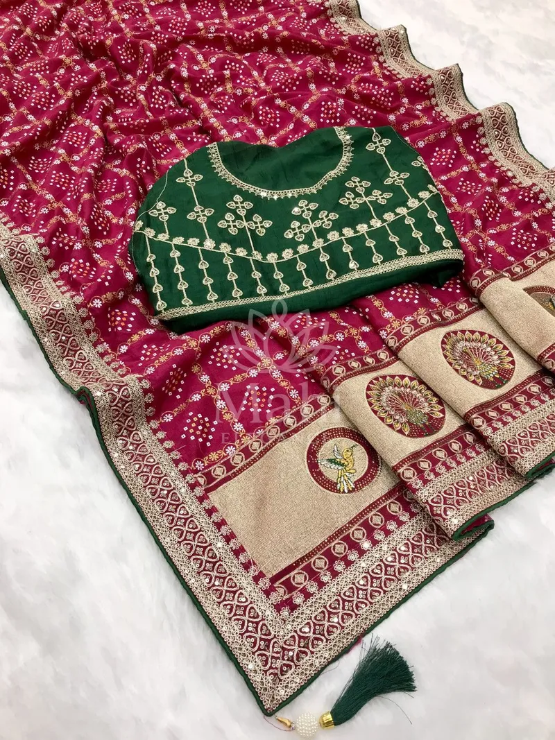 Riya Pink Vichitra Silk Saree, Bandhani & Sequin Work — Bandhani