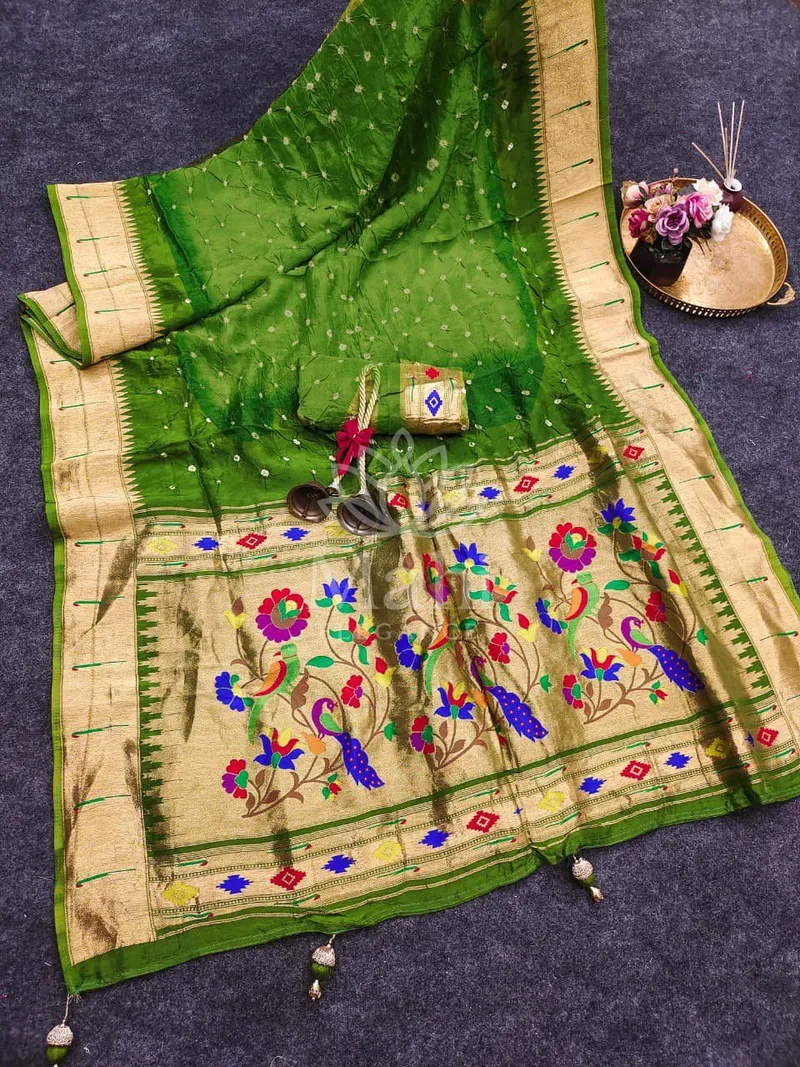 Green Paithani Art Silk Saree, Bandhej & Meena Weave — Paithani