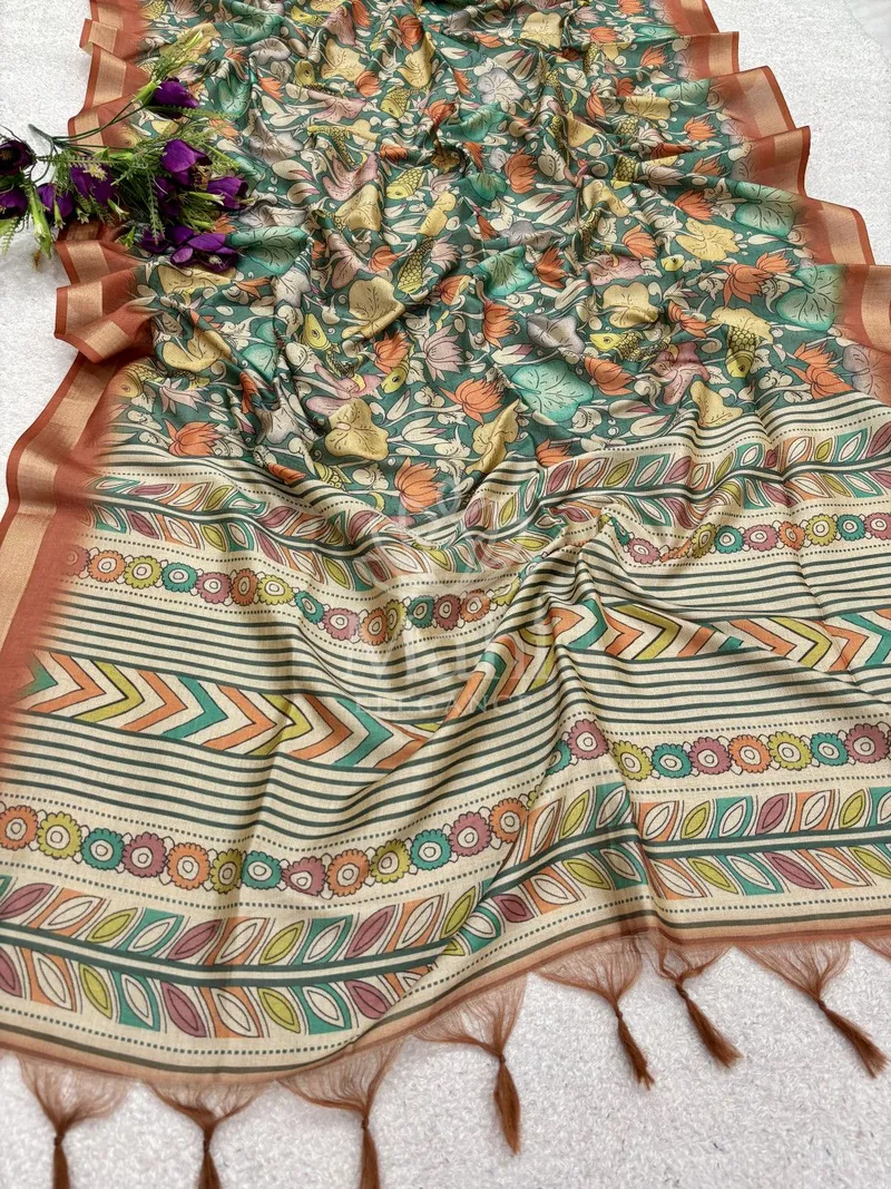 Mahi Green Tussar Silk Saree, Kalamkari Print — Tussar