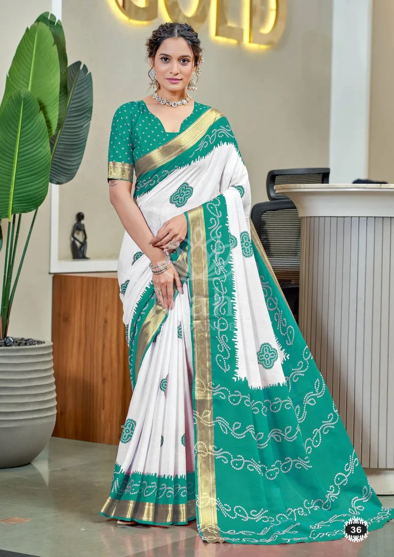 Mint Green Mulmul Cotton Saree, Bandhani Block Print & Zari Weave — Bandhani