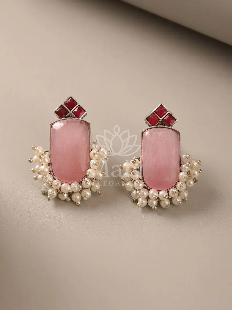 Stone Cluster Pearl Studs — Brass Earring