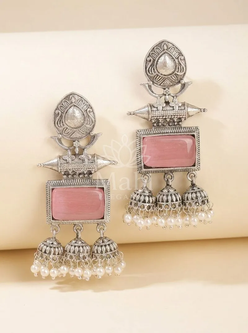 Triple Jhumki Stone Danglers — Brass Earring