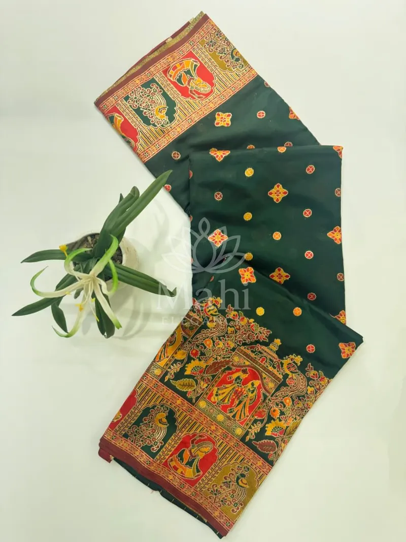 Dark Green Pashmina Silk Saree, Meenakari Weave — Pashmina