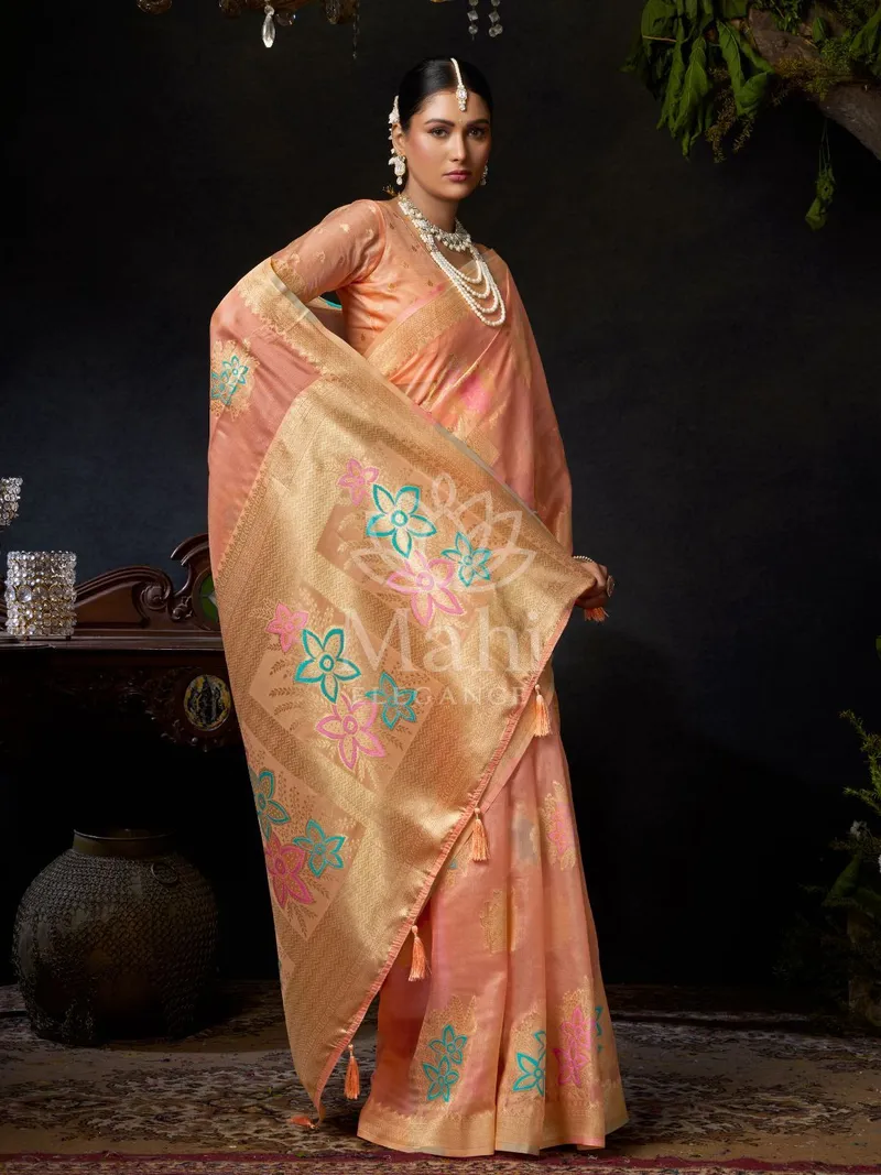 Orange Organza Saree, Zari Zhallar Border Work — Organza
