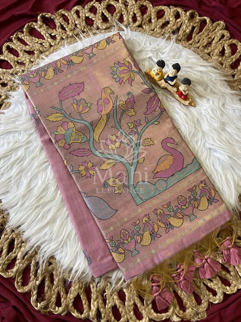 Baby Pink Muga Cotton Saree, Paithani Zari Weave — Cotton