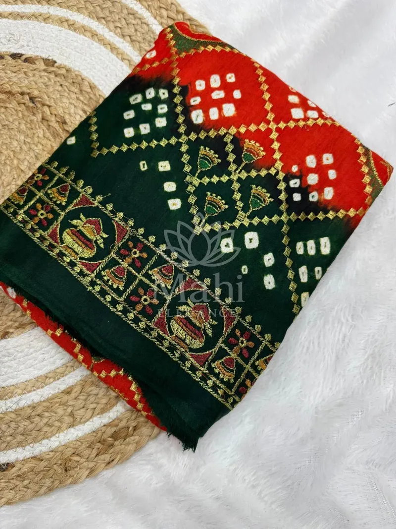 Orange and Green Bandhej Silk Saree, Hand Bandhej and Embroidery — Bandhani