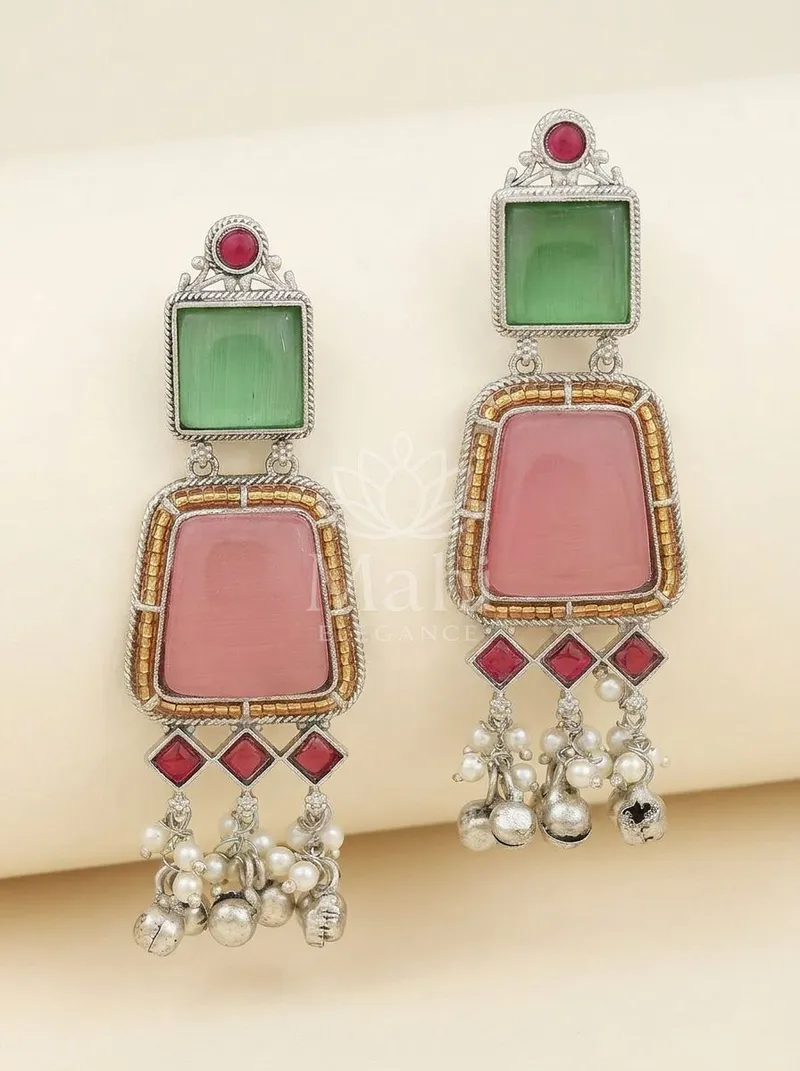 Stacked Stone Drop Danglers — Brass Earring