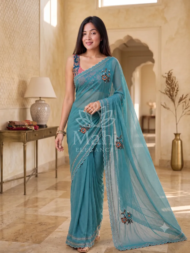 Rama Green Organza Silk Saree, Embroidered — Organza
