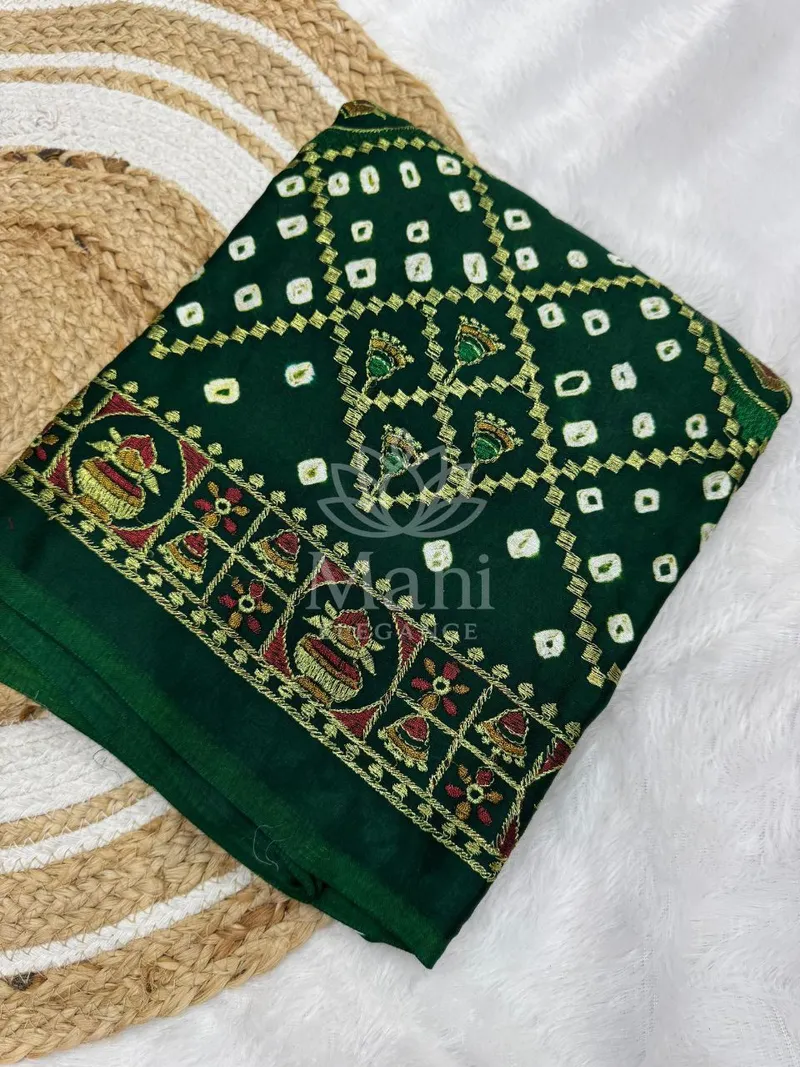 Green Bandhej Silk Saree, Hand Bandhej & Embroidery — Bandhani