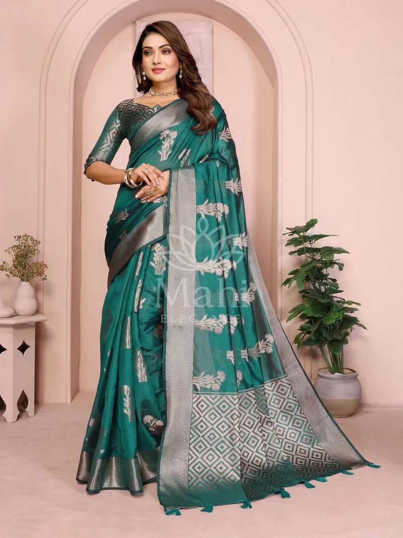 Mohini Rama Green Organza Silk Saree, Zari Weave — Organza
