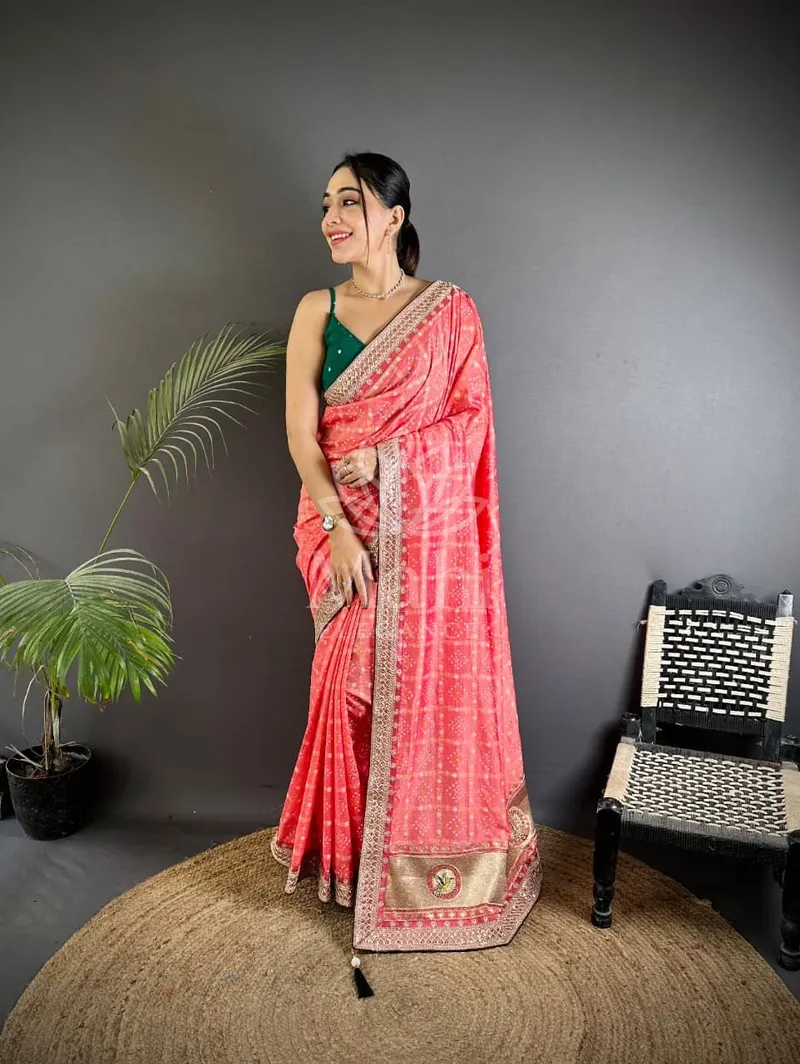 Meera Peach Vichitra Silk Saree, Bandhani & Sequin Work — Bandhani