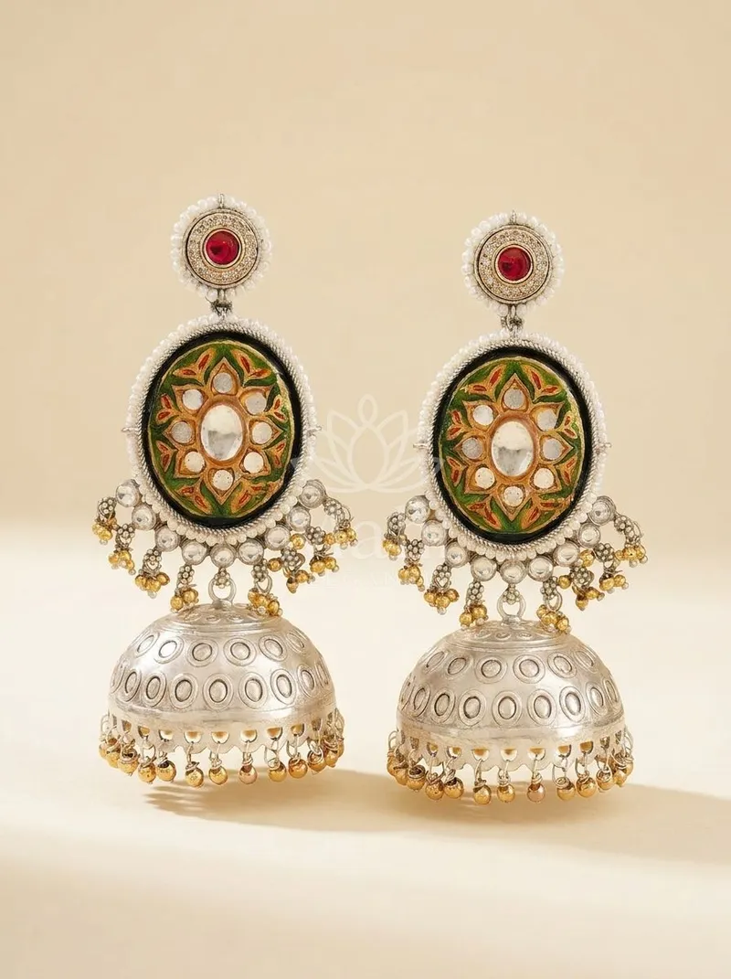 Kundan Floral Oxidised Jhumkas — Brass Earring