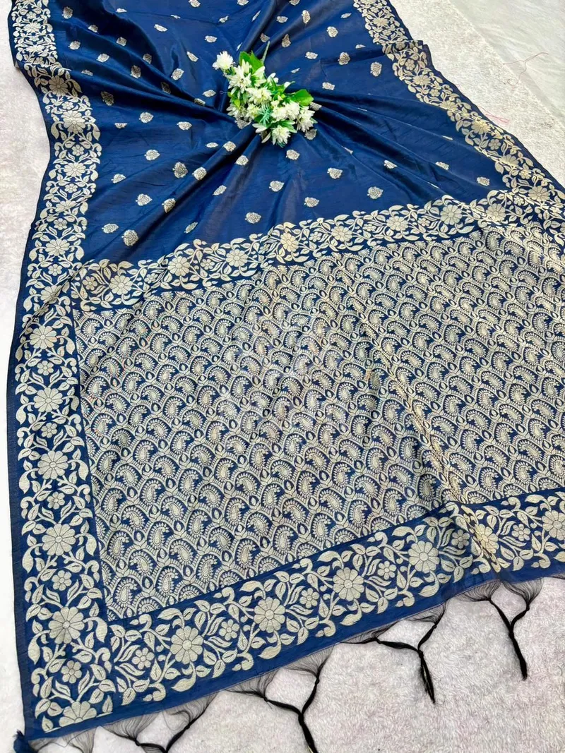 Navy Blue Raw Silk Saree, Contrast Weave — Raw Silk