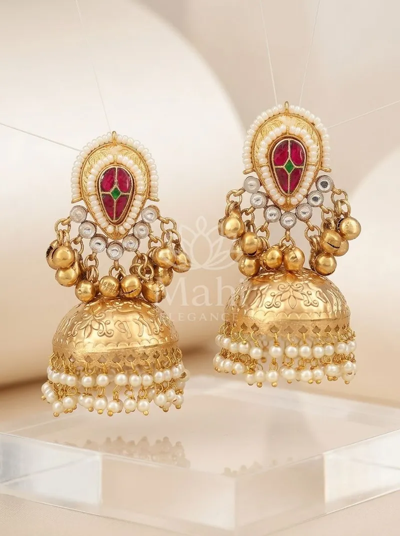 Kundan Pearl Domed Jhumkas — Brass Earring
