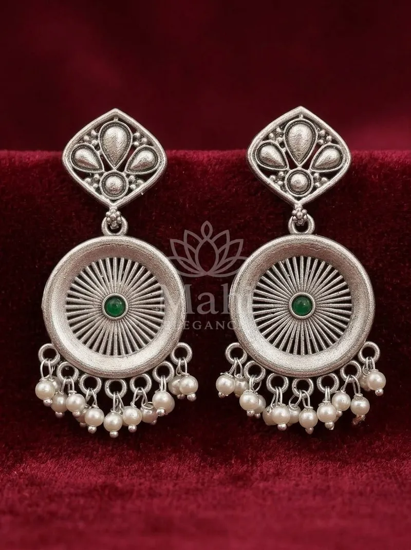Sunburst Stone Pearl Danglers — Brass Earring