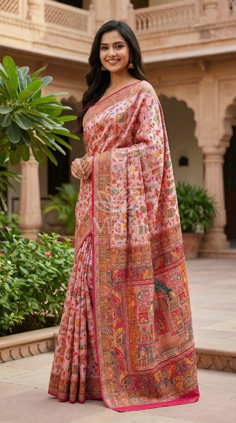 Baby Pink Pashmina Silk Saree, Woven Design — Pashmina