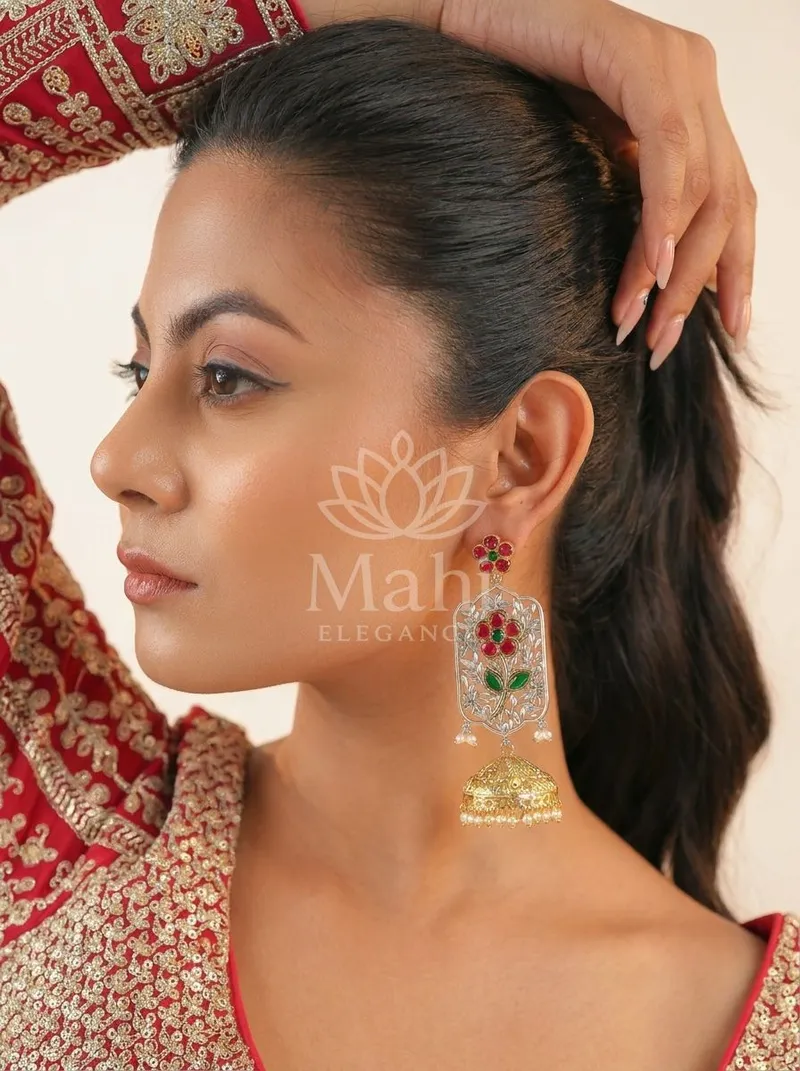 Floral Jharokha Two-Tone Jhumkas — Brass Earring