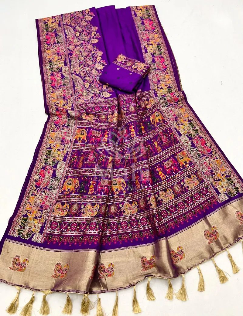 Purple Pashmina Silk Saree, Woven Gold Lagdi Patta — Pashmina